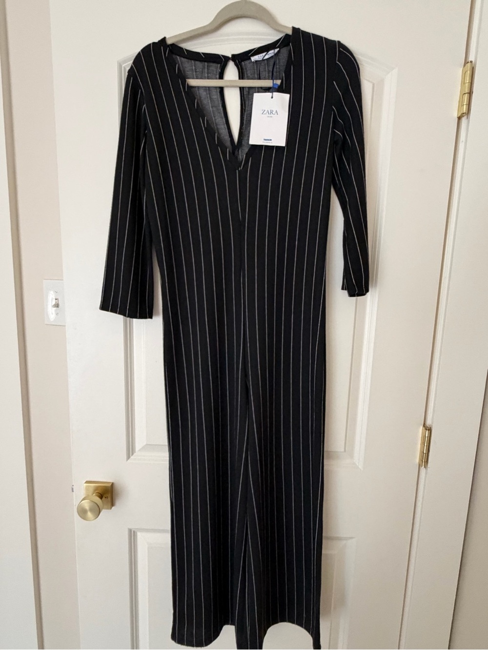 Zara Black Pinstriped V-Neck Midi jumpsuit